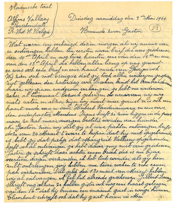 Brieven van moeder Vallaey aan Gaston, Passendale 2, 5 mei 1944