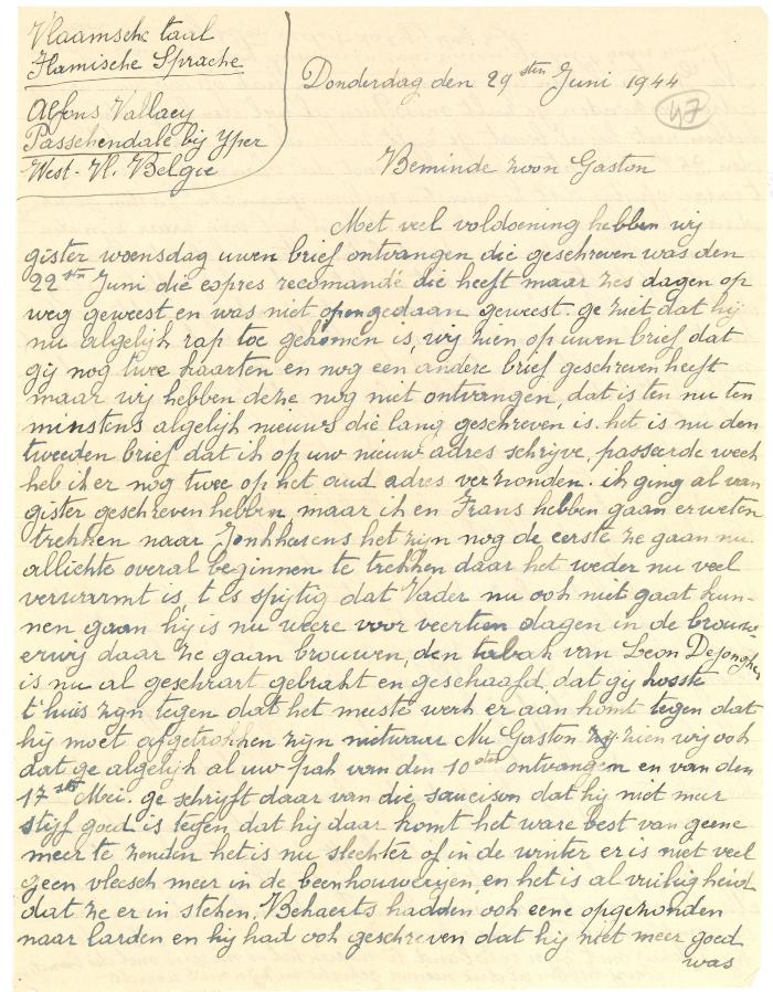 Brief van moeder Vallaey aan Gaston, Passendale 29 juni 1944