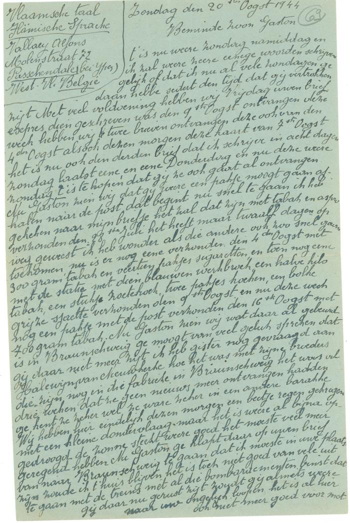 Brief van moeder Vallaey aan Gaston, Passendale 20 augustus 1944