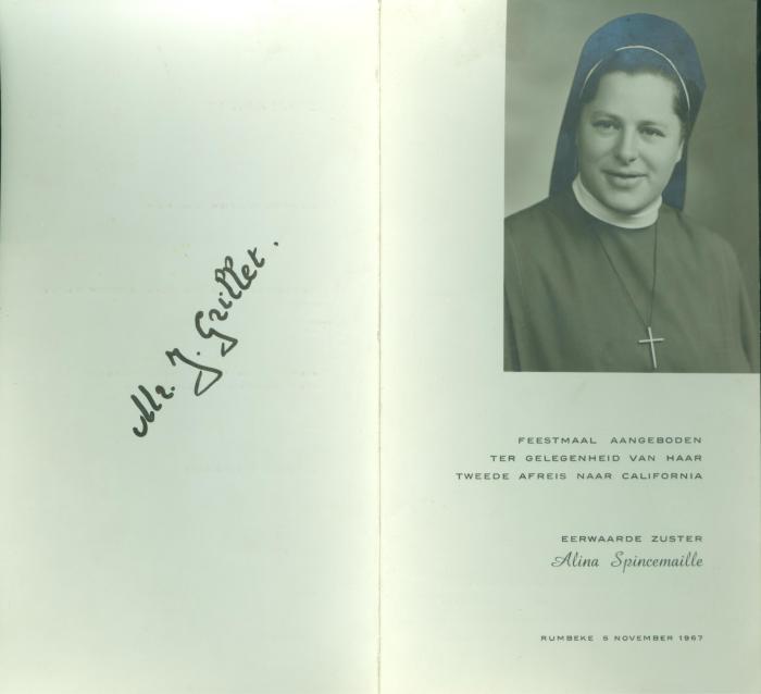 Spijskaart Feestmaal Alina Spincemaille, Rumbeke, 1967