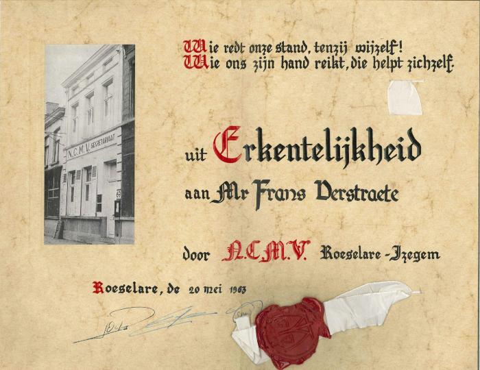 Erkentelijkheidsdiploma Frans Verstraete, Roeselare, 1963