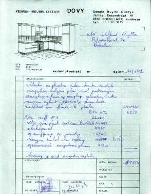 Aankoopovereenkomst voor een keuken bij Dovy, Roeselare,1982