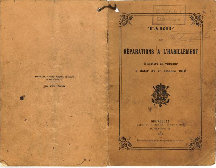 Prijslijst voor het herstellen van de kledij, 1918.