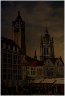 Schilderij F. Tirion stadhuis en Sint-Michiels marktdag, Roeselare