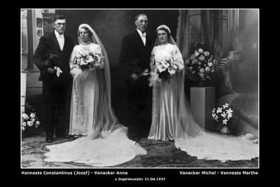 Huwelijk Constantinus Vanneste - Anna Vanacker + Michel Vanacker - Martha Vanneste, Ingelmunster, 1937
