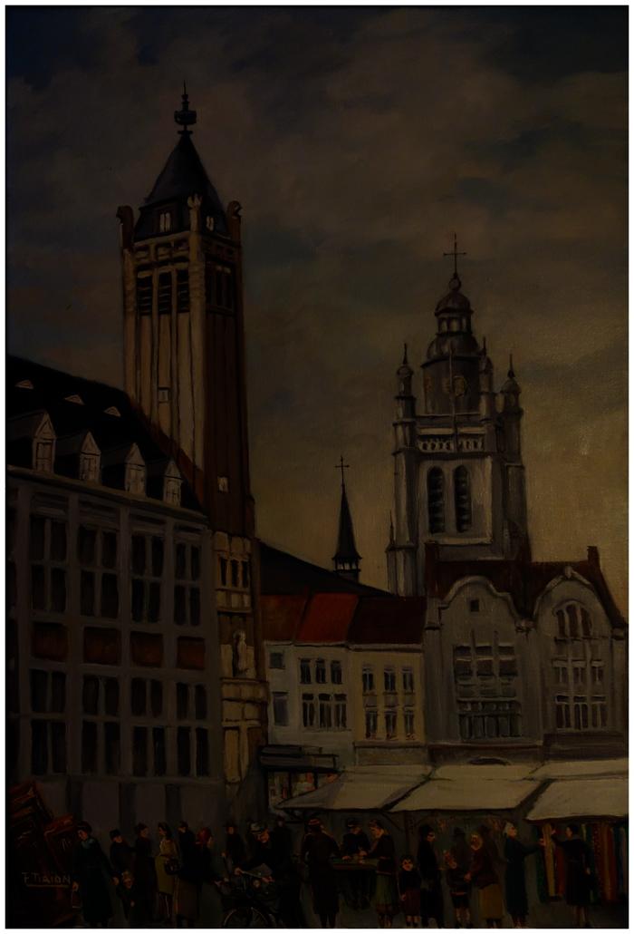 Schilderij F. Tirion stadhuis en Sint-Michiels marktdag, Roeselare
