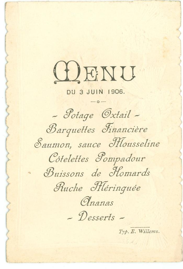 Franstalige menukaart 1906