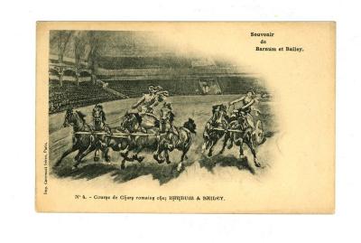 Postkaart met Romeinse strijdwagens bij Barnum en Bailey circus