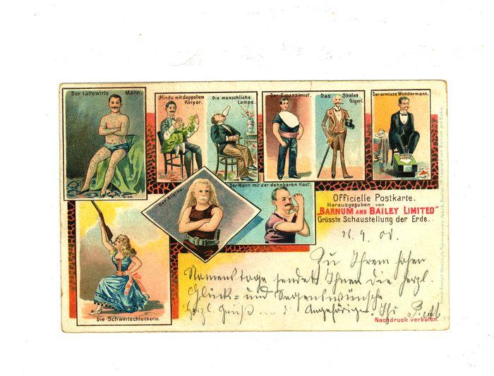 Officiële postkaart van het Barnum en Bailey circus met artiesten (1)