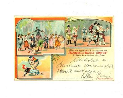 Officiële postkaart van het Barnum en Bailey circus met clowns
