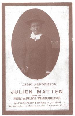 Bidprentje Julien Matten, overleden in Roeselare op 7 februari 1917