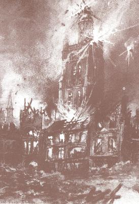 Verwoeste St.-Michielskerk Roeselare, prentbriefkaart februari 1915