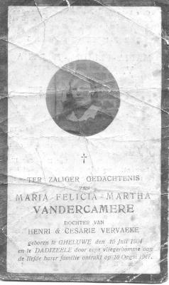 Bidprentje Maria-Felicia Vandercamere, Dadizele 10 augustus 1917