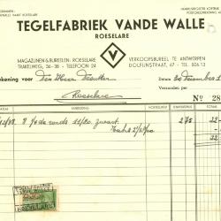 Factuur van Tegelfabriek Vande Walle , Roeselare, 1938 