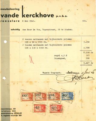 Factuur van p.v.b.a. meubeleering vande Kerckhove, Roeselare, 1946