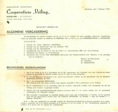 Uitnodiging tot de statutaire vergadering van de cooperatieve Veiling, Roeselare, 1951
