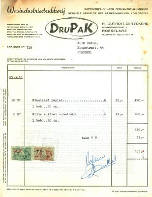 Factuur van wasindustriedrukkerij DruPak, Roeselare, 1965
