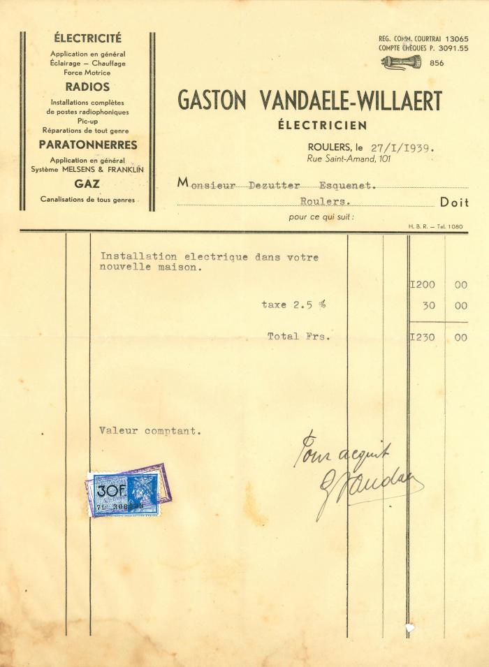 Factuur van Gaston Vandaele-Willaert , Roeselare, 1939