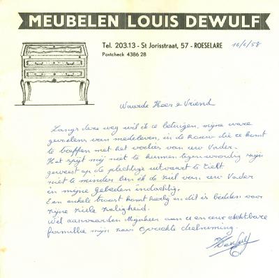 Een schrijven van meubelen Louis Dewulf, Roeselare, 1958