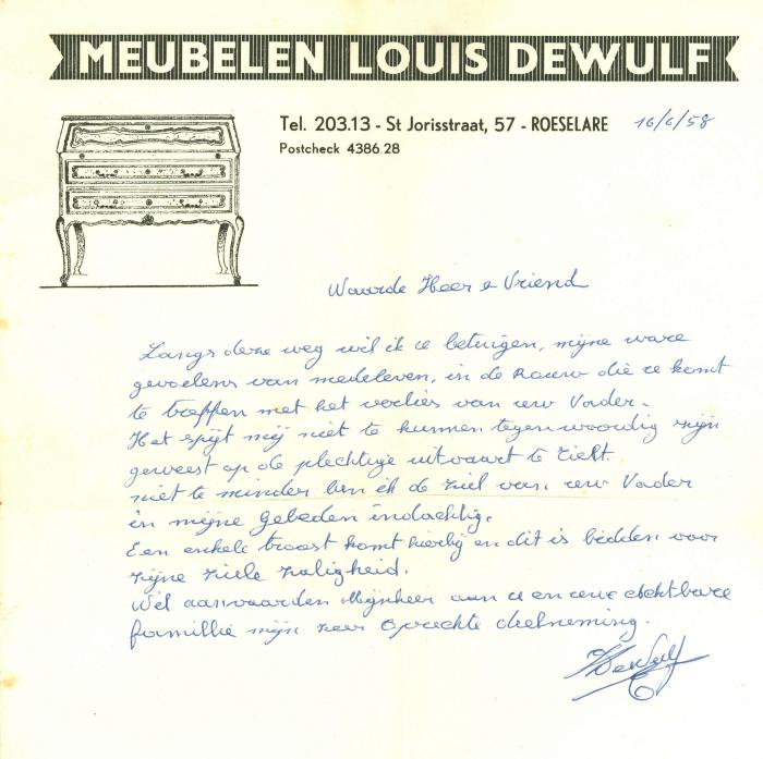 Een schrijven van meubelen Louis Dewulf, Roeselare, 1958