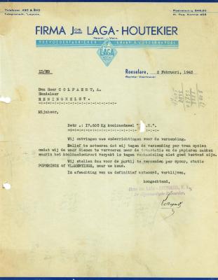 Een schrijven van de NV Jos Laga-Houtekier, Roeselare, 1945 en 1952