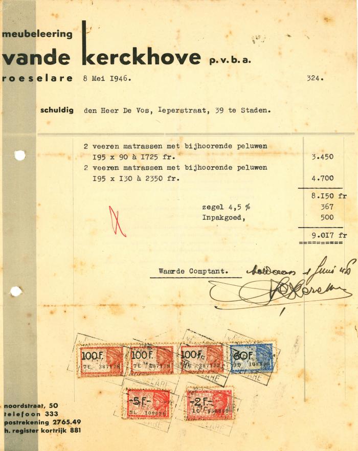 Factuur van p.v.b.a. meubeleering vande Kerckhove, Roeselare, 1946