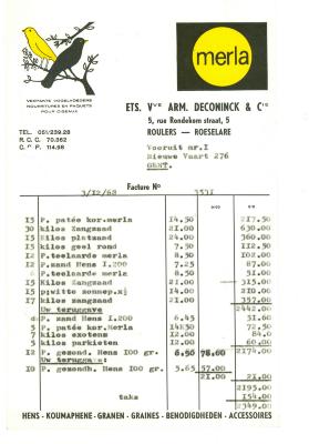 Factuur van Ets. Vve. Arm Deconinck & Cie, Roeselare, 1968
