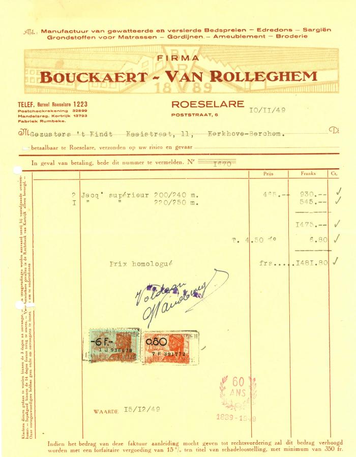 Factuur van de firma Bouckaert-Van Rolleghem, Roeselare, 1949