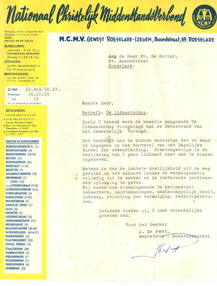 Een schrijven van het Nationaal Christelijk Middenstandsverbond, Roeselare, 1959 