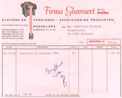 Creditnota van de NV Gheeraert, Roeselare, 1965 