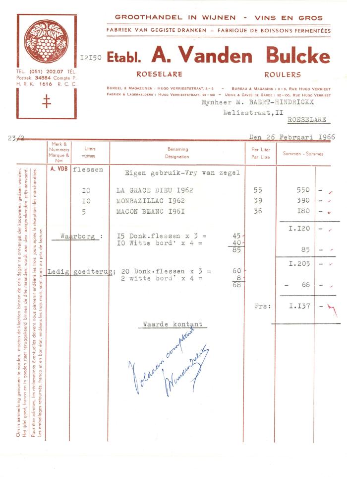 Factuur van Etabl. A. Vanden Bulcke, Roeselare, 1966