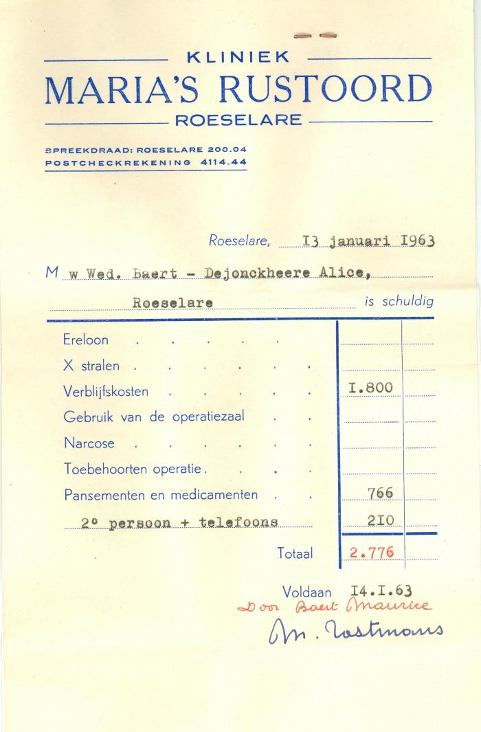 Factuur van kliniek Maria's Rustoord, Roeselare, 1963