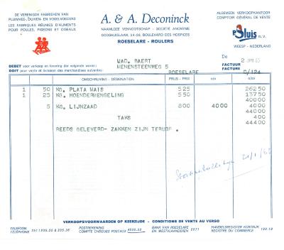 Factuur van NV A & A Deconinck, Roeselare, 1963