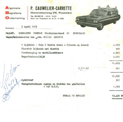 Factuur van P. Cauwelier-Carrette, Roeselare, 1973