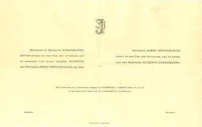 Verlovings- en huwelijksaankondiging van dhr Jozef Spincemaille en mevr Julienne Stroobandt, Rumbeke, 1929