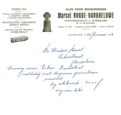 Handgeschreven factuur van Marcel Rogge-Vangheluwe, Roeselare, 1963 