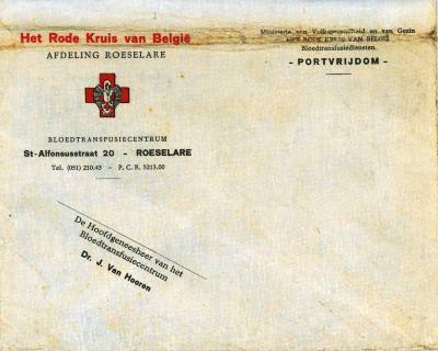 Briefomslag Bloedtransfusiecentrum Het Rode Kruis van België afdeling Roeselare, Roeselare