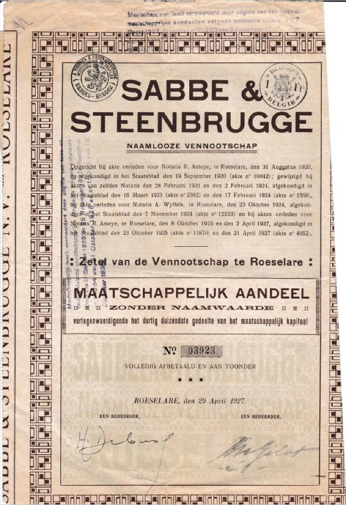 Aandelen NV Sabbe & Steenbrugge, Roeselare