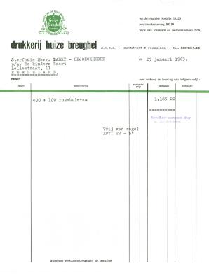 Factuur van drukkerij huize Breughel, Roeselare, 1963  