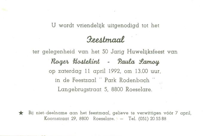 Uitnoding tot het feestmaal bij het gouden jubileum van dhr Roger Hostekint, Roeselare, 1992