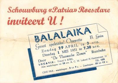 Uitnodiging tot de operette Balalaika in de schouwburg Patria, Roeselare, 1951