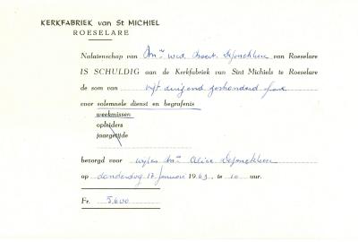 Factuur van de kerkfabriek van St Michiel, Roeselare, 1963
