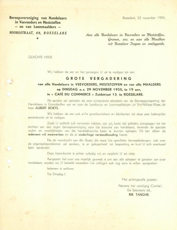 Document uitnodiging vergadering, Roeselare, 1955