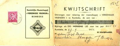 Kwijtschrift koninklijke Maatschappij Vereenigde Vrienden, Rumbeke, 1965