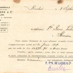 Een schrijven van de financiële instelling G. De Laere & Co, Roeselare, 1919