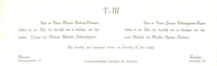 Huwelijksaankondiging Maurits en Yvonne Deburghgraeve- Declercq,  Roeselare, 1949