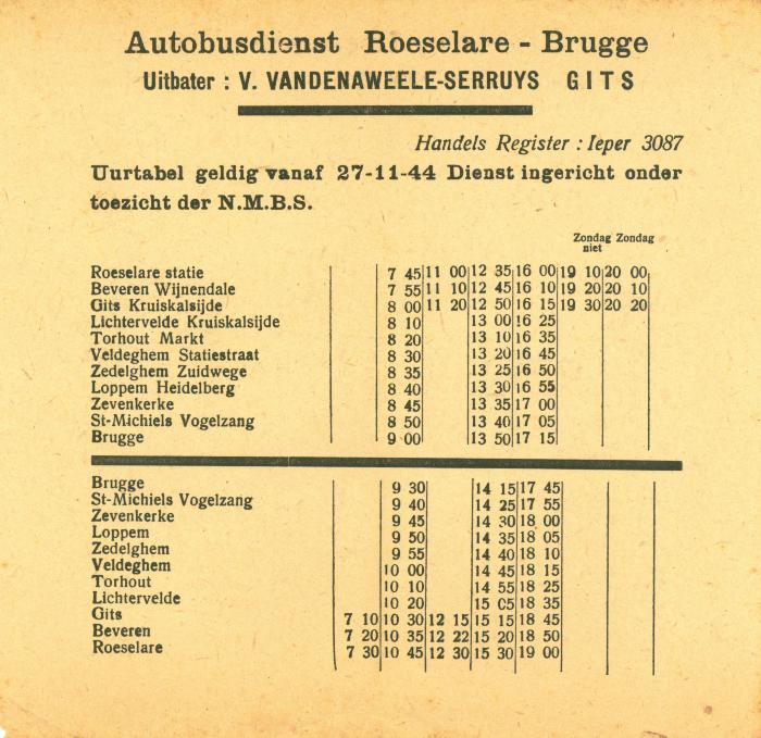 Dienstregeling autobusdienst Roeselare-Brugge, Roeselare, 1944