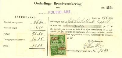 Ontvangstbewijs betaling van brandverzekering, Roeselare , 1940