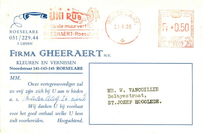 Briefhoofding Firma Gheeraert N.V,  Roeselare, 1965