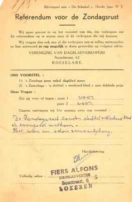 Referendum Zondagsrust voor dagbladverkopers, Roeselare, 1957